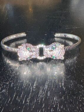 Silver Crystal Panther Head Cuff Bracelet with Green Eye Accents